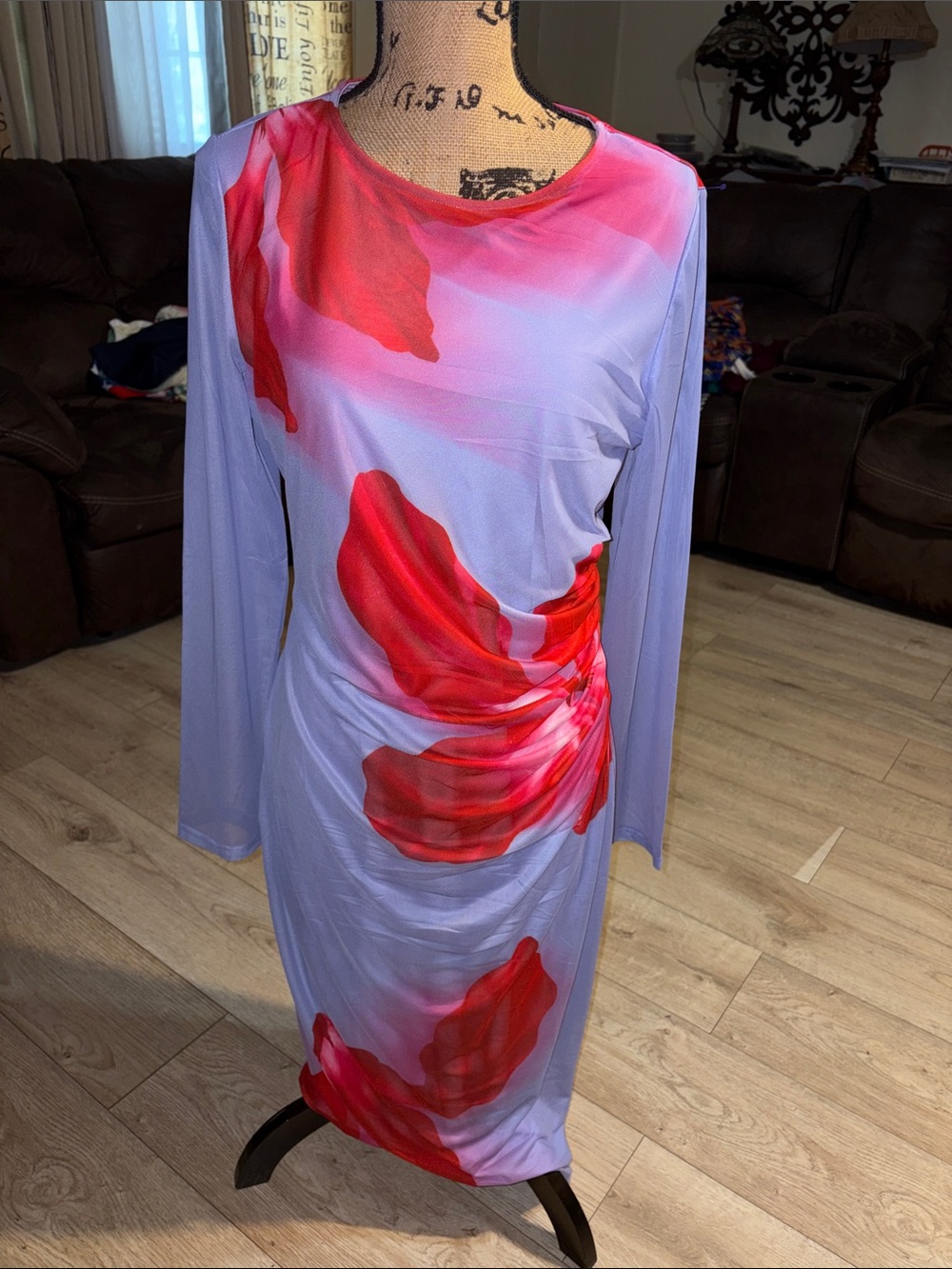 Lilac Long-Sleeve Dress with Red Floral Accents